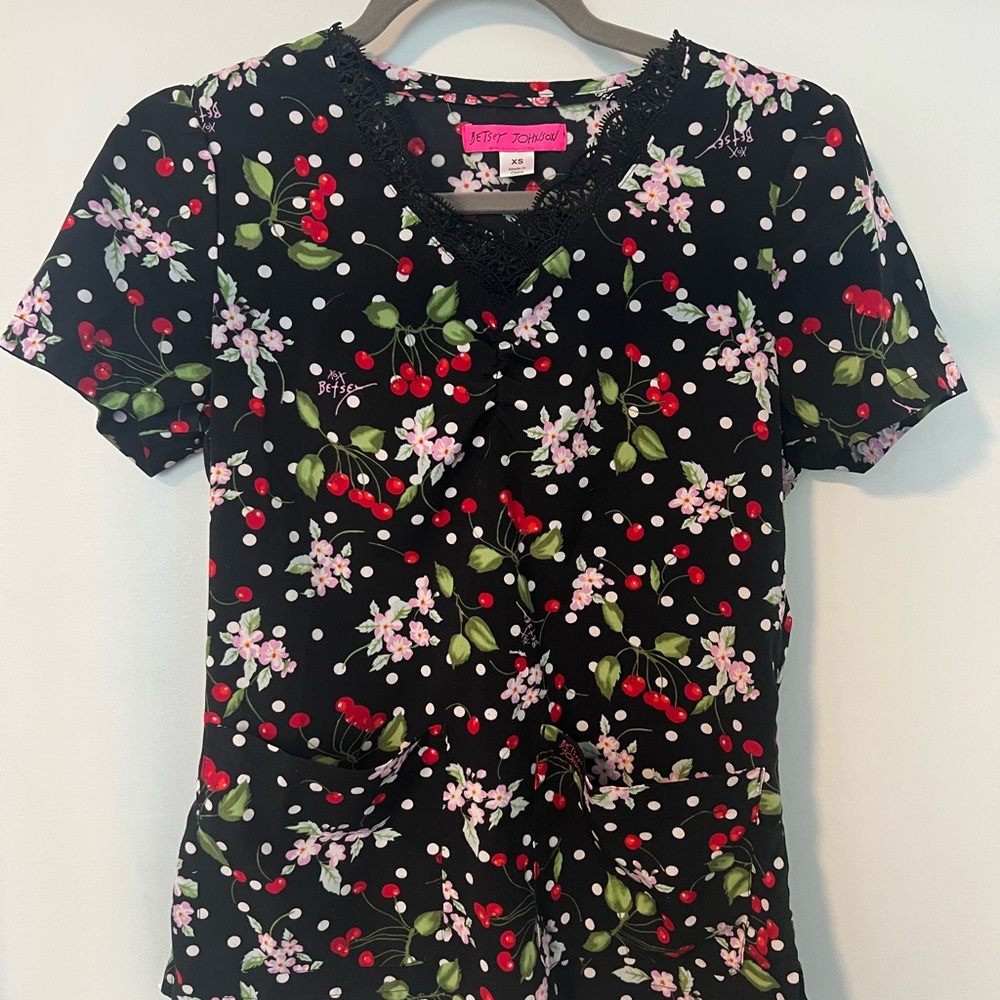 Betsey Johnson Floral Cherry Dot Scrub Top